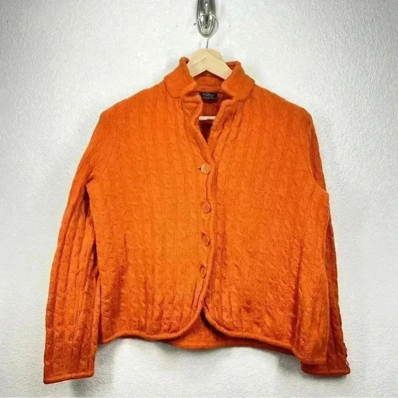 Talbots Cardigan Orange Merino Wool Cable Pattern Sweater Petite Medium - Picture 9 of 15